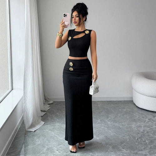 Damen nan zweiteiliges tailliertes Set mit asymmetrischem Cut-Out Crop-Top und figurbetontem Maxi-Bleistiftrock Echo Archiv