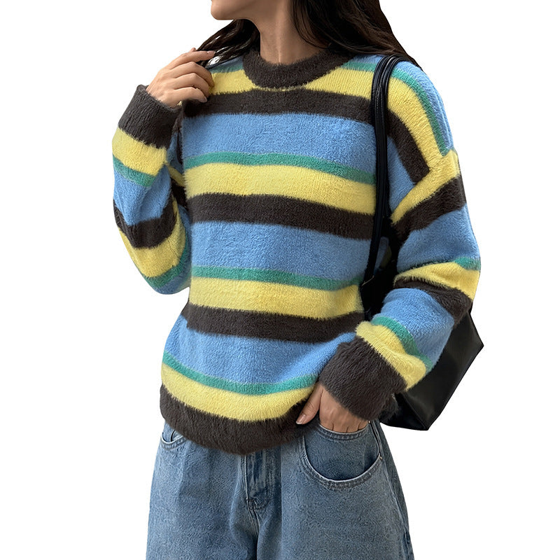Damen Lässig gestrickter Pullover mit buntem Streifenmuster Echo Archiv