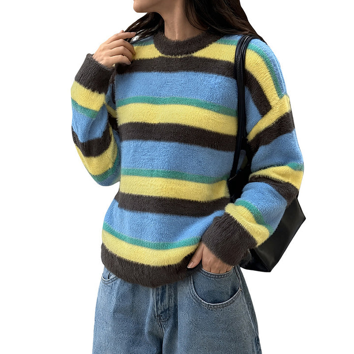 Damen Lässig gestrickter Pullover mit buntem Streifenmuster Echo Archiv