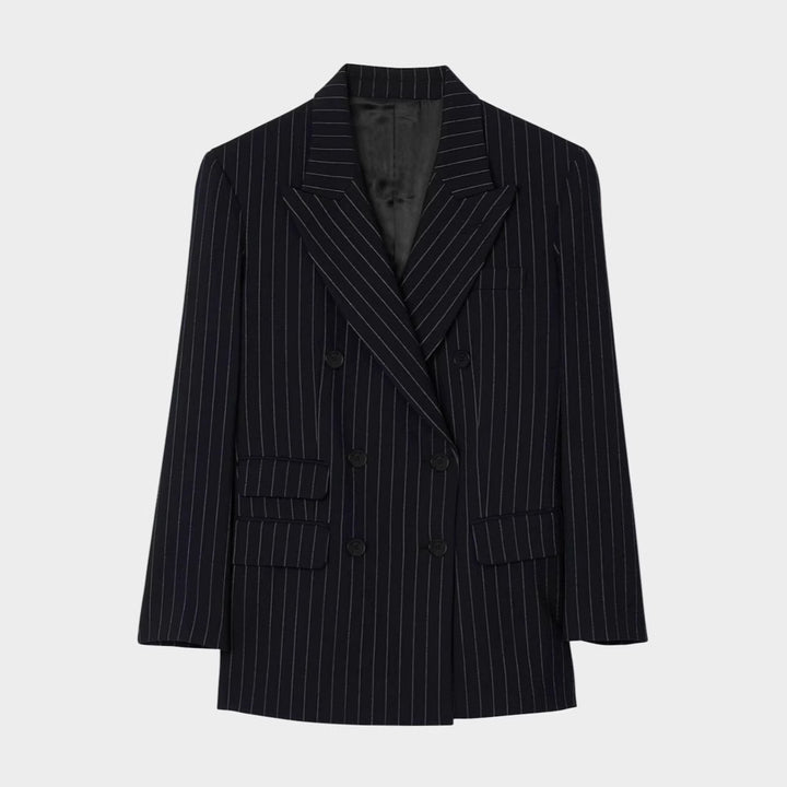 Damen Zweireihiger Nadelstreifen-Hosenanzug mit Oversize-Blazer und weitem Bundfaltenhose Echoarchiv