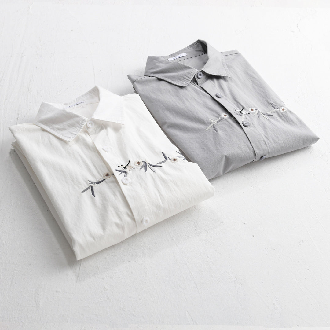 Damen Lockeres besticktes Baumwoll-Overshirt mit Kentkragen und Layering‑Detail Echoarchiv
