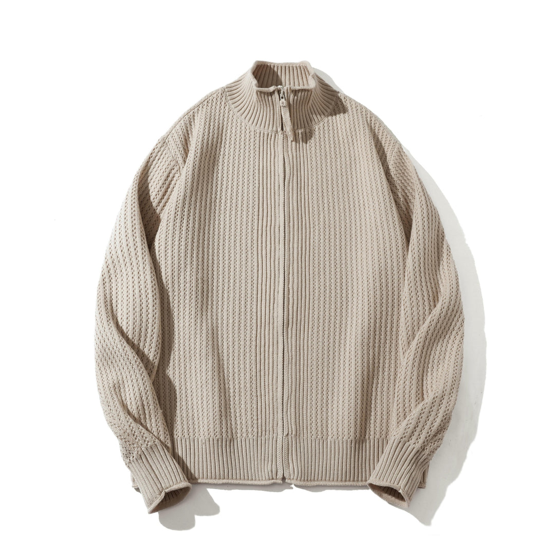 Unisex Strukturierter Zip-Pullover mit hohem Rippkragen und Perlmuster Echoarchiv