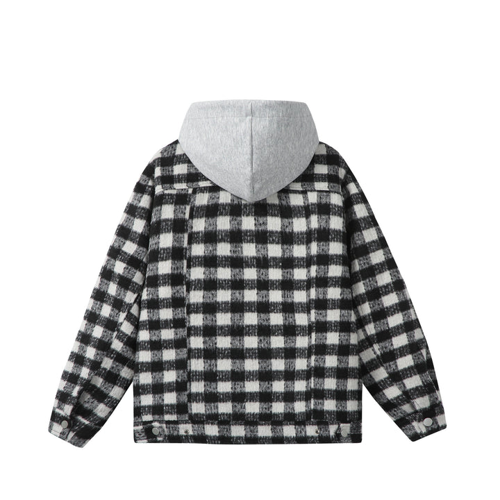 Damen Kurzblouson im Shacket‑Stil mit Karo‑Wolloptik und integrierter Sweatkapuze Echoarchiv