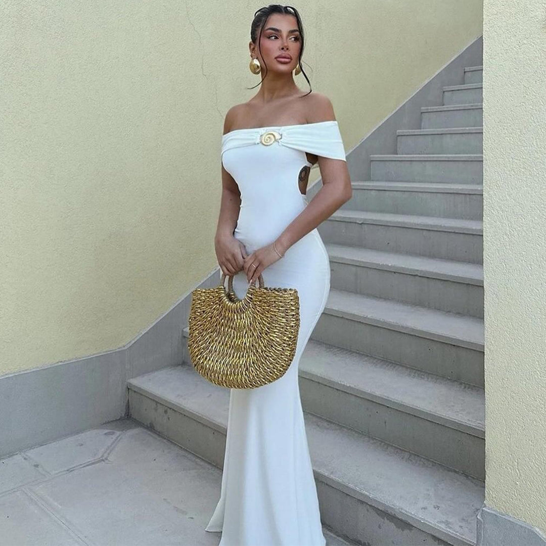 Damen Elegantes Maxikleid mit schulterfreiem Design und funkelndem Verschluss Echo Archiv