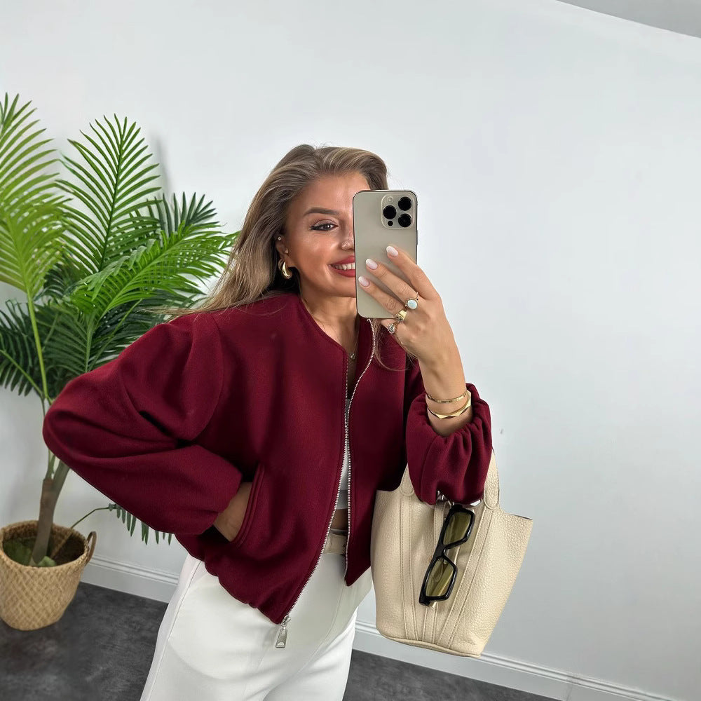 Damen nan kurze Oversize Wollblouson mit Reißverschluss, Ballonärmeln und elastischem Saum Echo Archiv