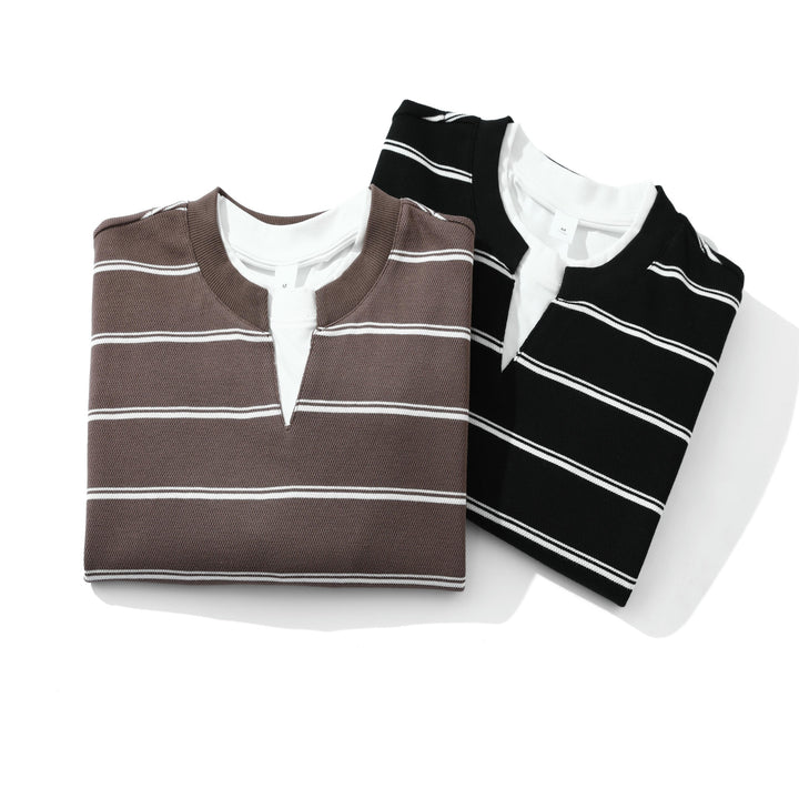 Unisex Gestreiftes Langarm-Sweatshirt mit V-Notch und Waffelstruktur Echoarchiv