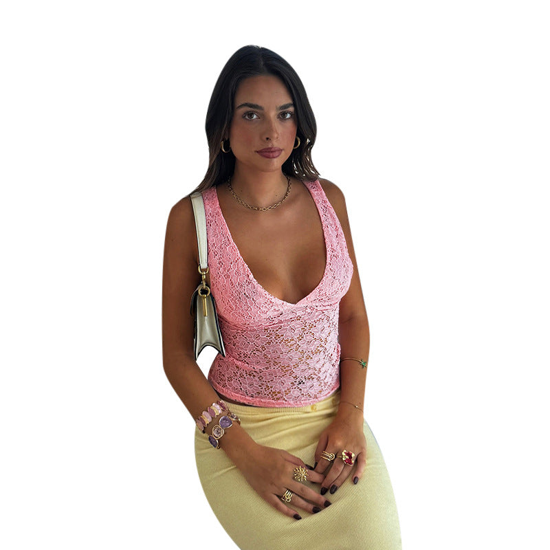 Damen Spitzen-Crop-Top mit tiefem V-Ausschnitt und Rüschendesign Echo Archiv