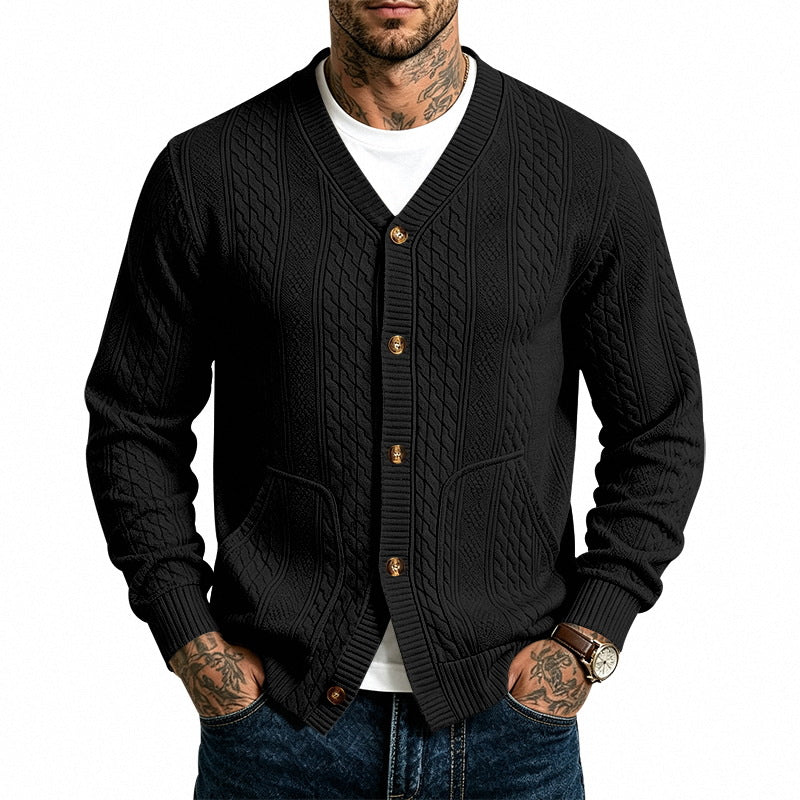 Herren Strukturierter Strickcardigan mit V-Ausschnitt und Zopfmuster – Terenzo