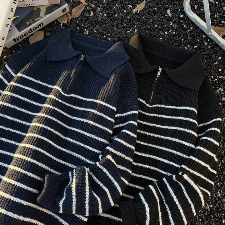 Unisex Grobgestrickter Oversize-Pullover mit halbem Reißverschluss und Polokragen Echoarchiv