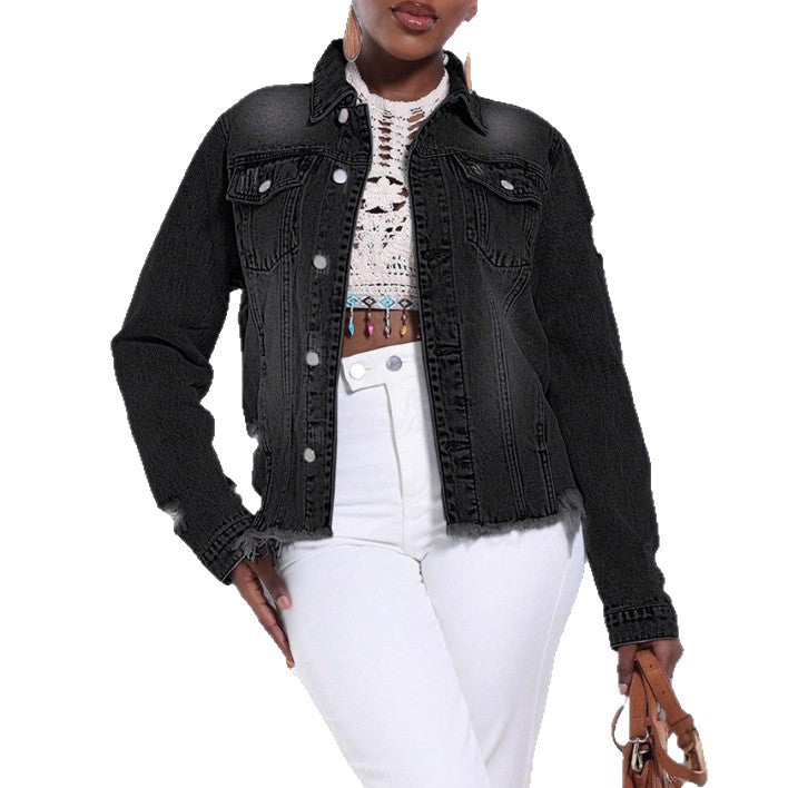 Damen Distressed Denimjacke mit ausgefranstem Saum und Relaxed-Fit Echo Archiv