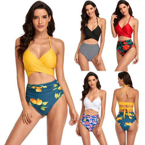 Damen Hochgeschnittener Bikini mit Wickeloberteil und floralen Mustern Echo Archiv
