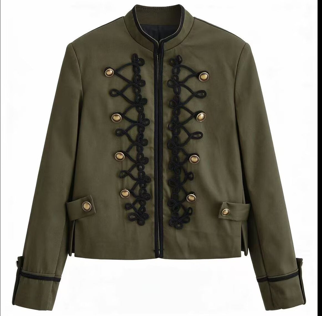 Damen Militärinspirierte Kurzjacke mit Stehkragen, Zierkordeln und Goldknöpfen Echo Archiv