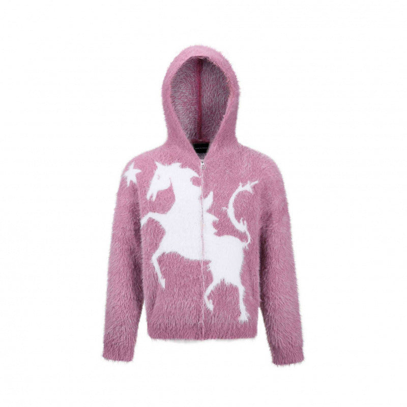 Unisex Flauschiger Kapuzenpullover mit Einhorn-Motiv und durchgehendem Reißverschluss Echo Archiv