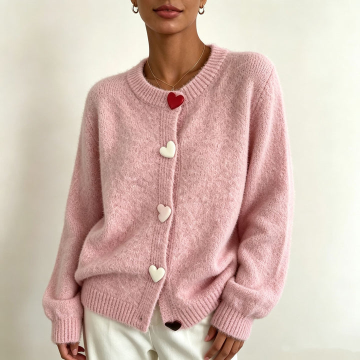 Damen Flauschiger Kurzcardigan mit Herz‑Knopfleiste und Raglanärmeln – Veloura