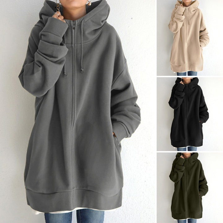 Damen nan oversized Kapuzenlongpullover mit Reißverschluss und Eingrifftaschen Echo Archiv