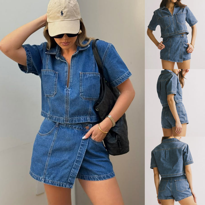 Damen lässiges Denim-Kurzjacken-Set mit passendem Rock Echo Archiv