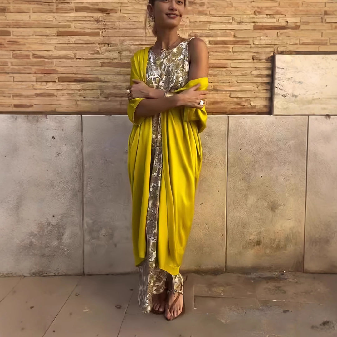 Damen Lange Wickel-Kaftankleid mit ärmellosem Unterkleid und fließendem Overshirt Echoarchiv