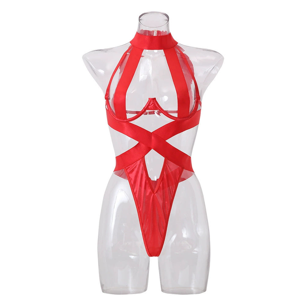 Damen verführerisches Straps-Bodysuit mit raffinierten Schnürdetails und tiefem V-Ausschnitt Echo Archiv