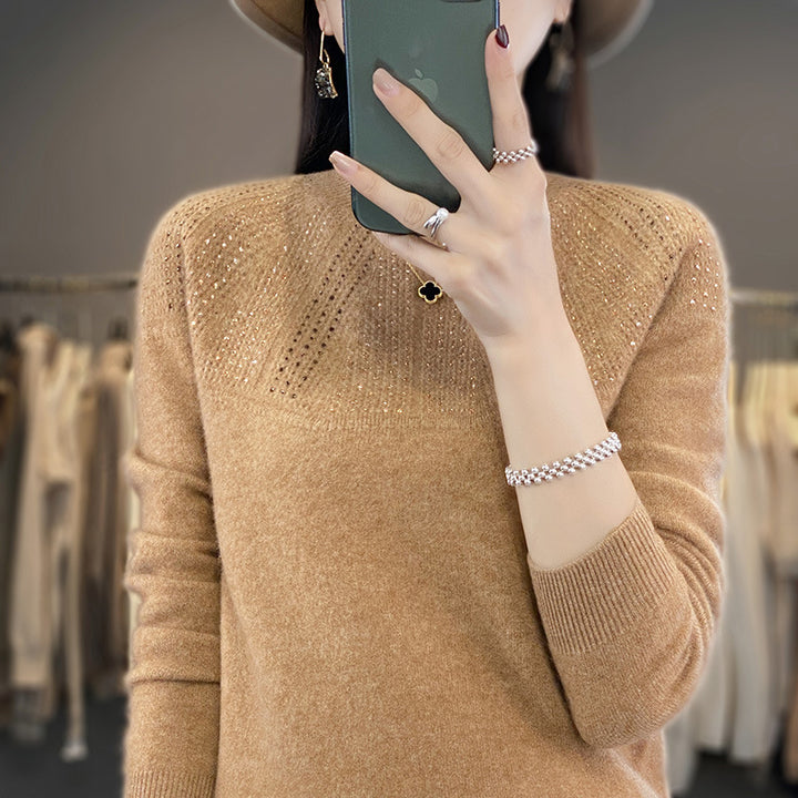 Damen Weicher Kaschmir‑Optik Feinstrickpullover mit Ajour‑Yoke und Paillettenbesatz Echoarchiv
