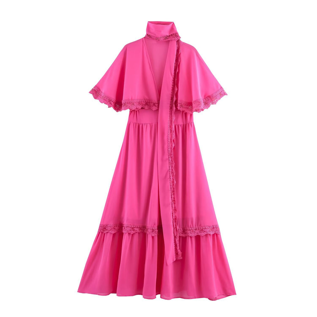 Damen Maxikleid mit Capelet, Stehkragen und Spitzenverzierung Echoarchiv