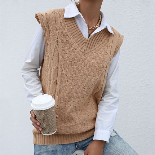 Damen Strick-Weste mit V‑Ausschnitt, Zopfmuster und lässiger Oversize-Silhouette Echoarchiv