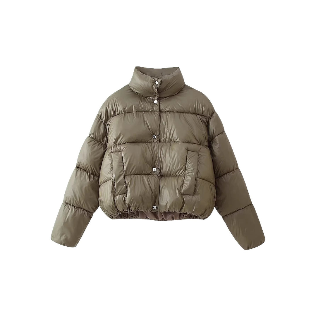 Damen Kurzer wattierter Boxy-Parka mit hohem Stehkragen und Druckknöpfen Echoarchiv