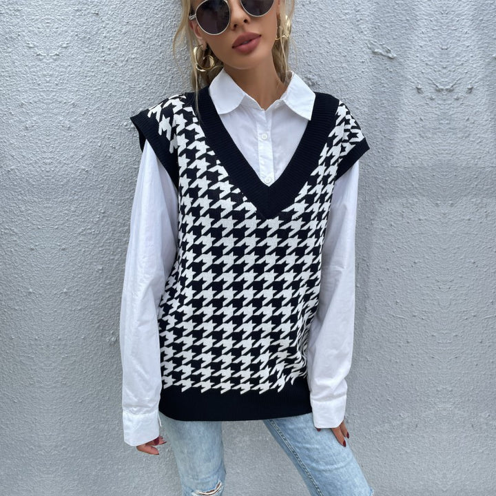 Damen Oversize Strickweste mit Hahnentrittmuster und V-Ausschnitt Echoarchiv