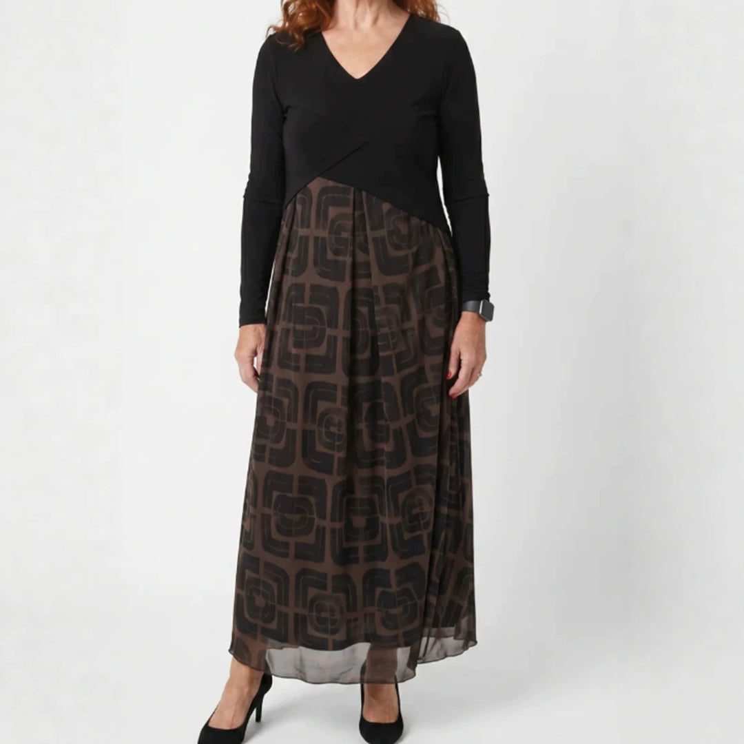 Damen nan V-Ausschnitt Maxikleid mit tailliertem Wickeloberteil und transparentem gemustertem Overlayrock Echo Archiv