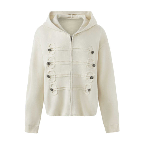 Damen Kapuzen-Strickjacke mit militärischen Zierknöpfen und Reißverschluss Echoarchiv