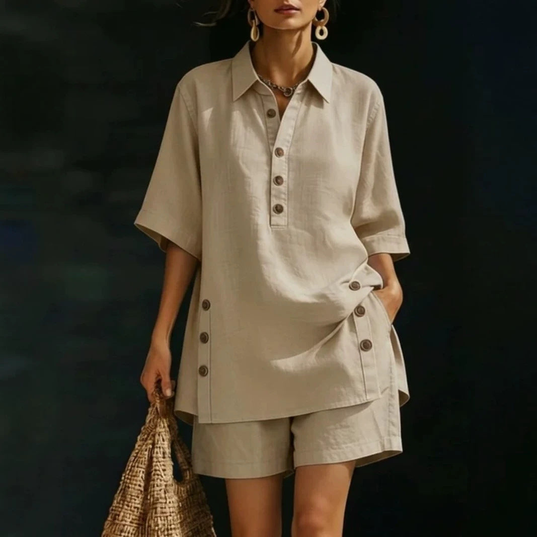 Damen nan luftiges Leinenoptik-Zweiteiler mit Oversize-Hemdbluse, Knopfleiste und Bermuda-Shorts Echo Archiv
