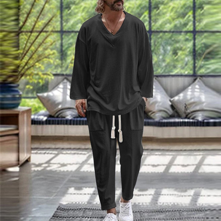Herren Lässiges Lounge-Set aus Baumwollmix mit V-Ausschnitt und Kordelbundhose Echoarchiv