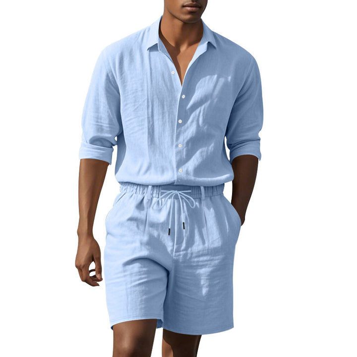 Herren elegantes Kurzarmhemd mit modischem Aufschlagkragen und lässigen Bermuda-Shorts Echoarchiv
