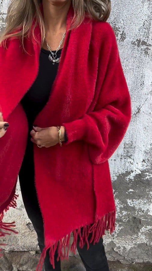 Damen nan langer kuscheliger Fransen-Cardigan mit Schalkragen und Oversize-Passform Echo Archiv