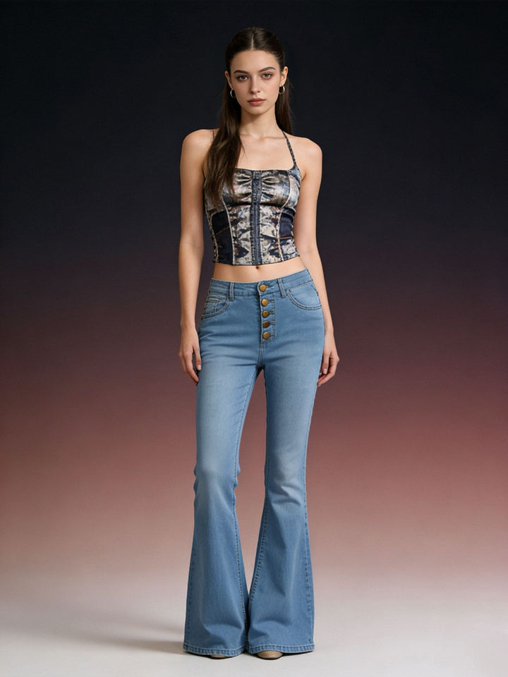 Damen Schlagjeans mit bunten Knopfdetails und hohem Bund Echo Archiv