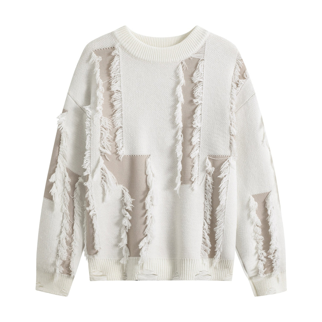 Damen Oversize Strickpullover mit Fransenapplikationen und Destroy-Look Echoarchiv
