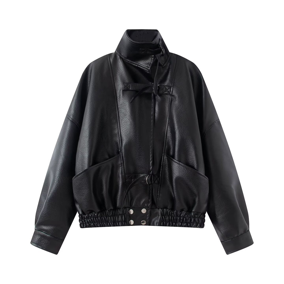 Damen Oversize Lederimitat-Bomberjacke mit elastischem Saum und Taillengürtel Echo Archiv
