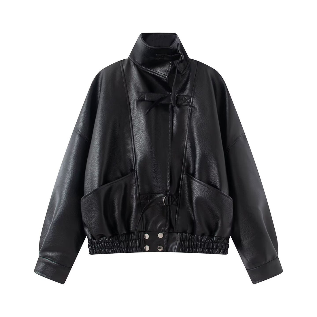 Damen Oversize Lederimitat-Bomberjacke mit elastischem Saum und Taillengürtel Echo Archiv