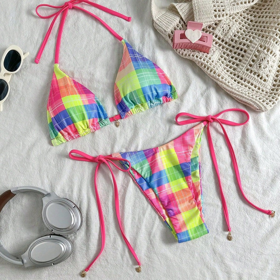 Damen Bunt karierter Triangel-Bikini mit seitlichen Bindebändern Echo Archiv