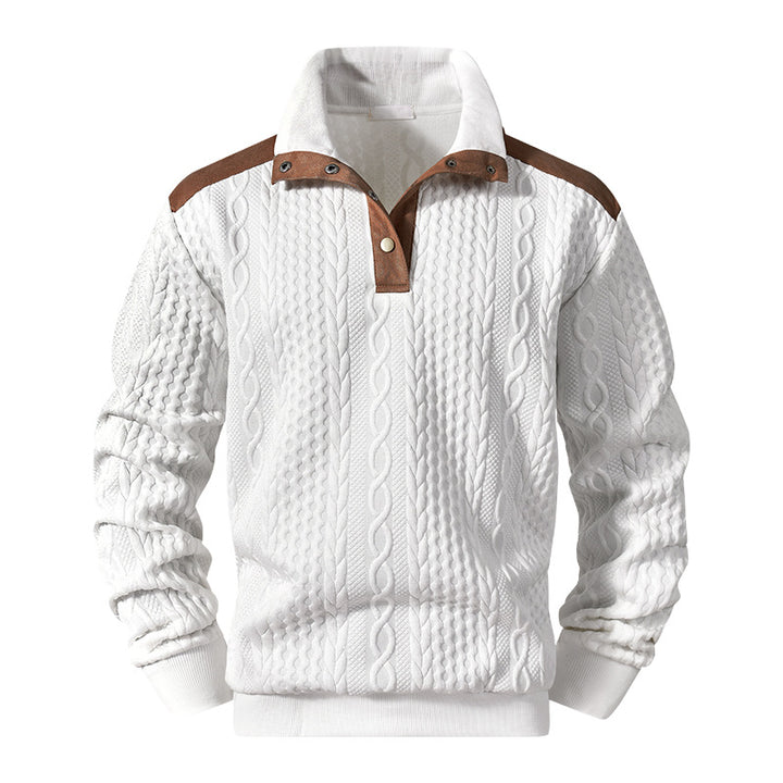 Herren Strickpullover mit Zopfmuster, Stehkragen und Kontrast‑Schulter- & Ellbogenpatches Echoarchiv