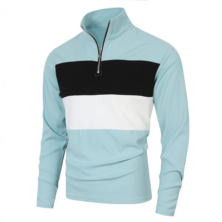 Herren Halbzip-Pullover mit Stehkragen, breitem Blockstreifen und fein gerippter Struktur – Norvane
