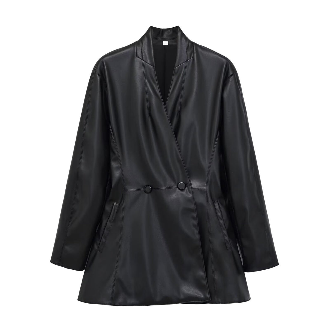 Damen Langer doppeltreihiger Blazer‑Mantel aus veganer Lederoptik mit Schalkragen Echoarchiv