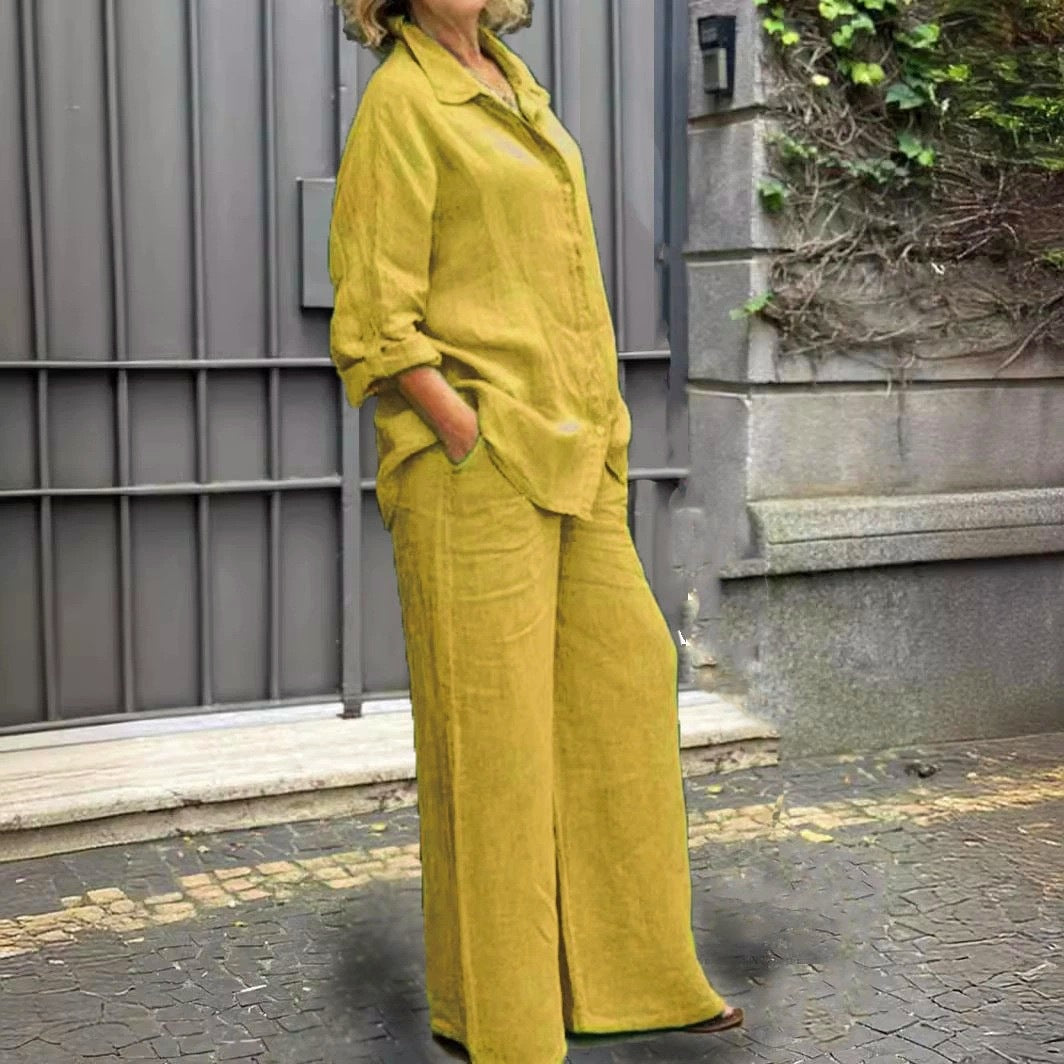 Damen Entspanntes Leinen-Set mit Oversize-Hemd und weiter Palazzo-Hose Echo Archiv