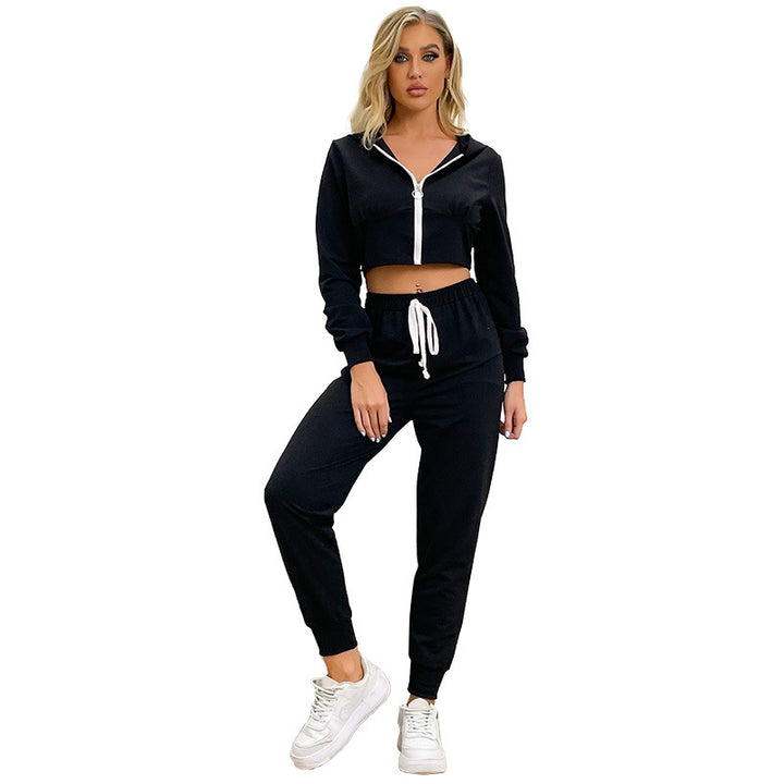 Damen Zweiteiliger Velours-Jogginganzug mit Cropped-Kapuze und Tunnelzughose – Élanora