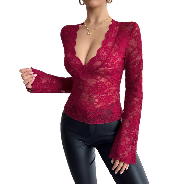Damen nan tailliertes Spitzenshirt mit tiefem V-Ausschnitt, floraler Netzspitze und langen Ärmeln Echo Archiv