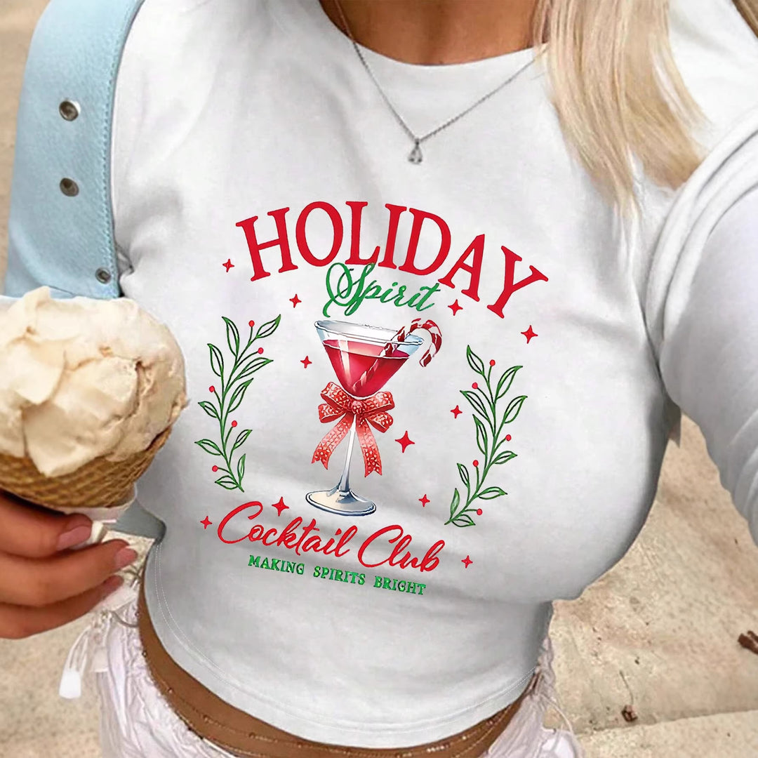 Damen Crop-Top mit kreativen Cocktail-Motiv und festlichem Aufdruck Echo Archiv