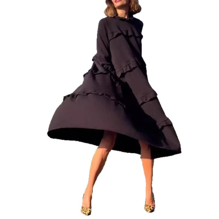 Damen nan kastiges Stufenmidikleid mit Rüschenkragen, gerafften Manschetten und verdeckten Seitentaschen Echo Archiv