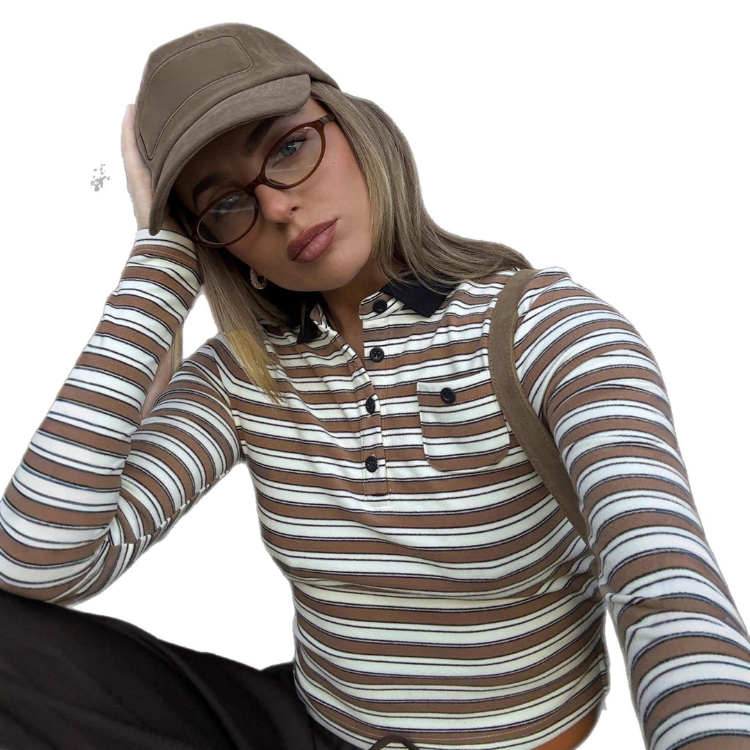 Damen nan gestreiftes Polo-Crop-Longsleeve mit kontrastkragen und Brusttasche Echo Archiv