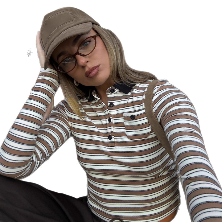 Damen nan gestreiftes Polo-Crop-Longsleeve mit kontrastkragen und Brusttasche Echo Archiv