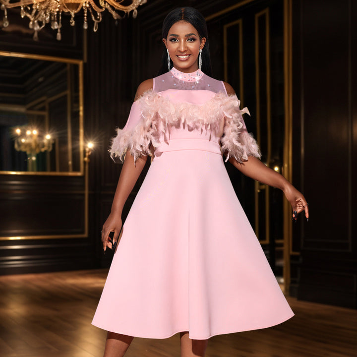 Damen elegantes Kleid mit transparenten Puffärmeln und dekorativen Federdetails Echo Archiv