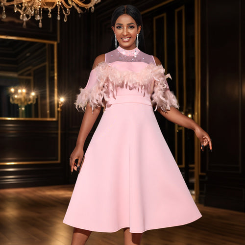 Damen elegantes Kleid mit transparenten Puffärmeln und dekorativen Federdetails Echo Archiv